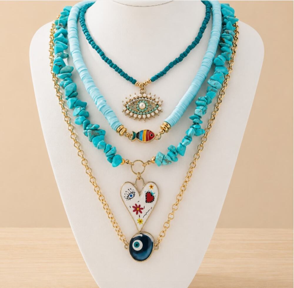 Set of 4 Faux Turquoise and Evil Eye Pendant Necklace Set Boho Mix
